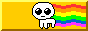 a black and white 4-legged creature with a trailing 6-colour rainbow on yellow background