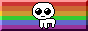 a black and white 4-legged creature in front of horizontal rainbow stripes