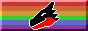 the head of a black and red smiling dragon in front of horizontal rainbow stripes
