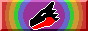 the head of a black and red smiling dragon in front of a circular rainbow gradient