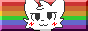 the head of a white blushing and smiling cat in front of horizontal rainbow stripes