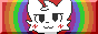 the head of a white blushing and smiling cat in front of a circular rainbow gradient