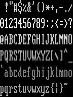 characters 0x20 to 0x7E in VGA font, 16 characters per row