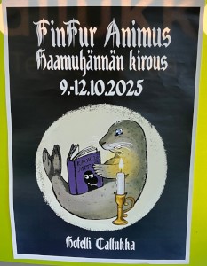FinFur Animus, Haamuhännän kirous, 9 to 12 October 2025, Hotelli Tallukka; a drawing of an otter reading horror stories in candlelight