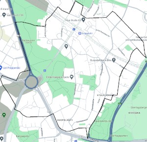a map of Haaga, Helsinki; a black line surrounds this area: rhododendron park in the north, Riistavuori park in the northwest, Vihdintie in the west, Vanha viertotie in the southwest, Vanha Turun maantie in the south, Kauppalantie in the southeast, Sankaritie in the east, Mäkipellontie in the northeast