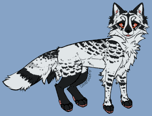 drawing of a black and white feral canine with red eyes