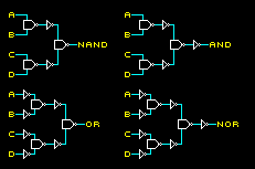 diagram: 4-input gates built using only NOT gates and 2-input NAND gates: NAND, AND, OR, NOR
