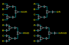 diagram: 4-input gates built using only NOT gates and 2-input NOR gates: NOR, OR, AND, NAND