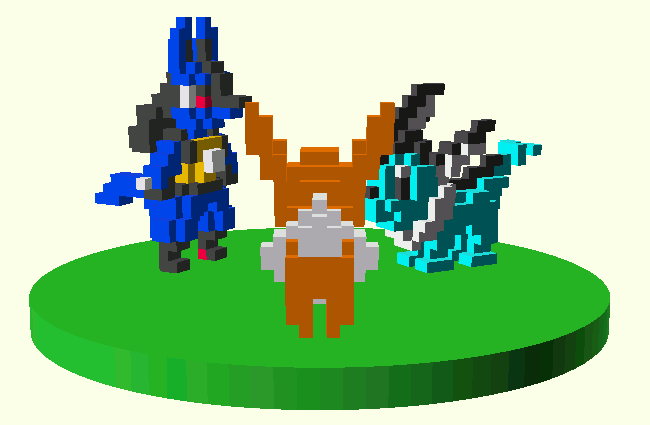 a dark blue dog, a light brown fox and a teal water Pokémon