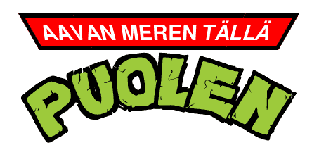 vuosien 1987–1996 Turtles-piirretyn punavihreä logo, jossa lukeekin 'aavan meren tällä puolen'; seuraavat kuvat ovat samanlaisia mutta eri tekstillä